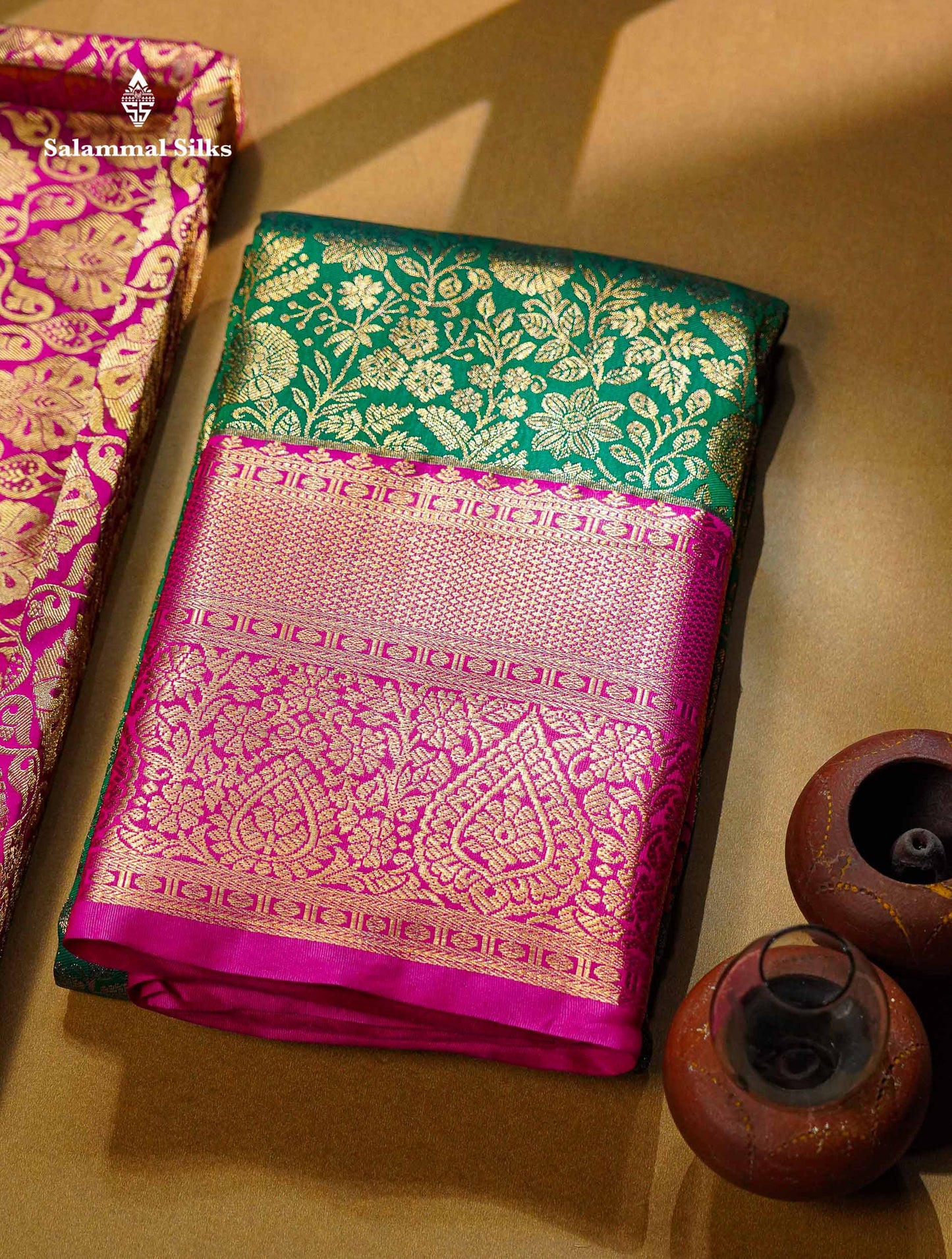 Beautiful Bottle Green Bridal Semi Silk Saree With Contrast Pink Traditional Evening Morning Border