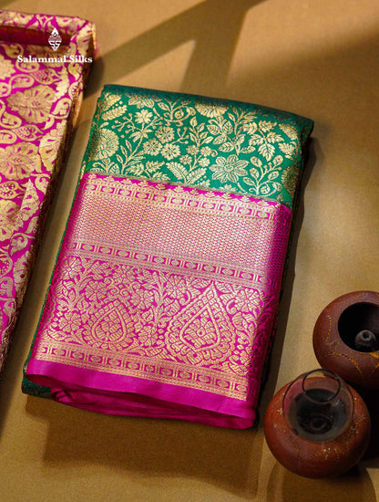 Beautiful Bottle Green Bridal Semi Silk Saree With Contrast Pink Traditional Evening Morning Border