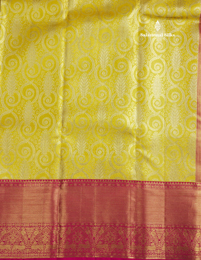 Gold Tissue Bridal Pure Kanjivaram Silk Saree With Contrast Magenta Pink Border