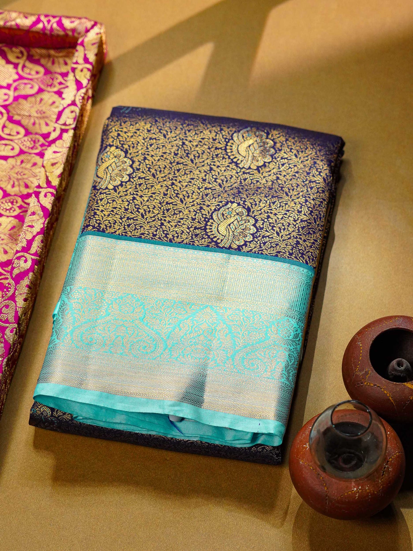 Beautiful Violet Bridal Semi Silk Saree With Contrast Rexona Green Border