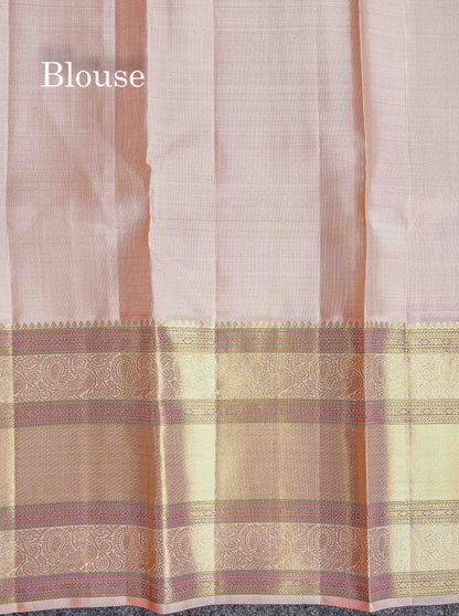 Korvai Beautiful Magenta Pure Kanjivaram Silk Saree With Contrast Dark Peach Traditional Evening Morning Border