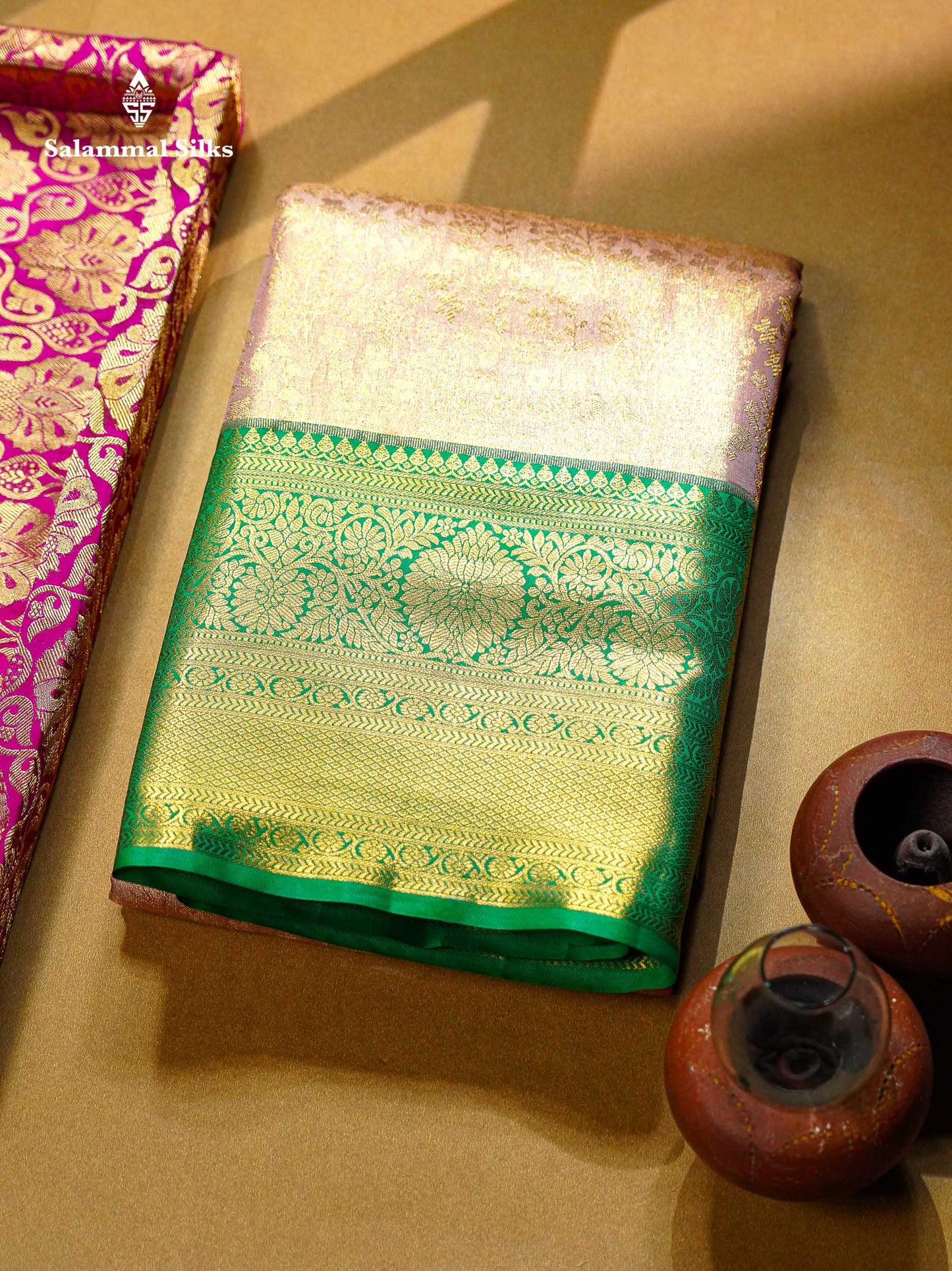 Beautiful Light Peach Tissue Bridal Semi Silk Saree With Contrast Green Traditional Evening Morning Border