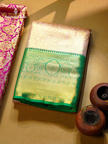 Beautiful Light Peach Tissue Bridal Semi Silk Saree With Contrast Green Traditional Evening Morning Border