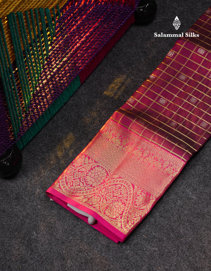 Beautiful Pure Silk Pattu Pavadai Small Checks (Dark Maroon) With Pink Blouse 27"