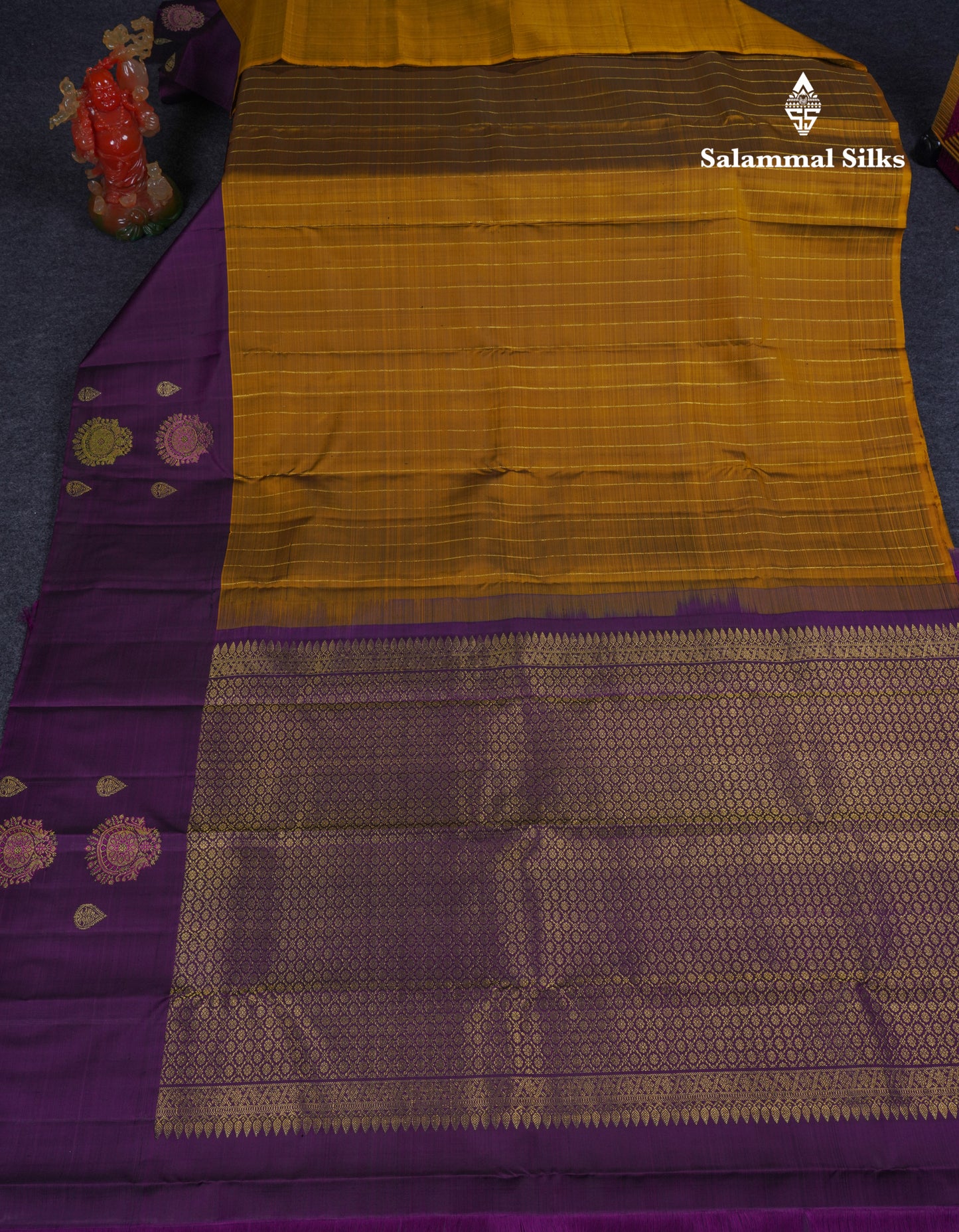 Beautiful Olive Mustard Yellow Fancy Pure Kanjivaram Silk Saree With Contrast Dark Purple One Side Border