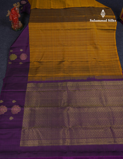 Beautiful Olive Mustard Yellow Fancy Pure Kanjivaram Silk Saree With Contrast Dark Purple One Side Border