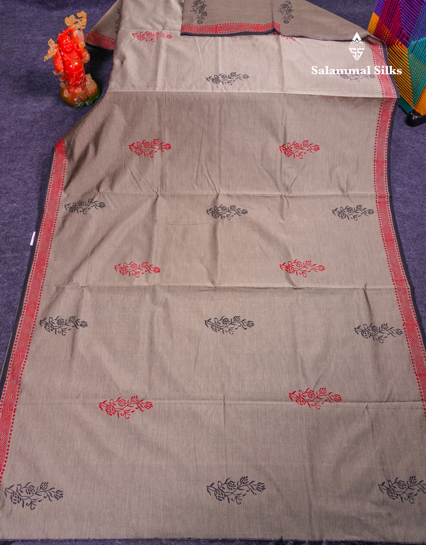 Beautiful Cream Sandal South Cotton Printed Saree With Contrast Black Blouse