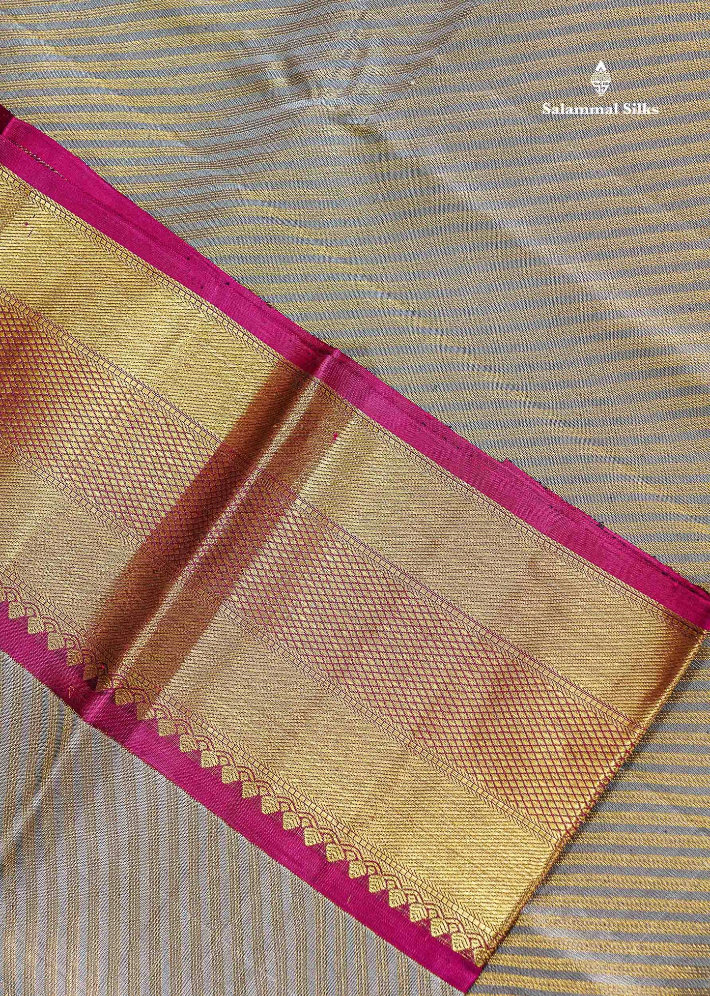 Bridal Pure Kanjivaram Silk Saree - Light Grey Colour Body With Magenta Border