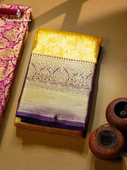 Beautiful Mustard Yellow Bridal Semi Silk Saree With Contrast Dark Purple Traditional Evening Morning Border