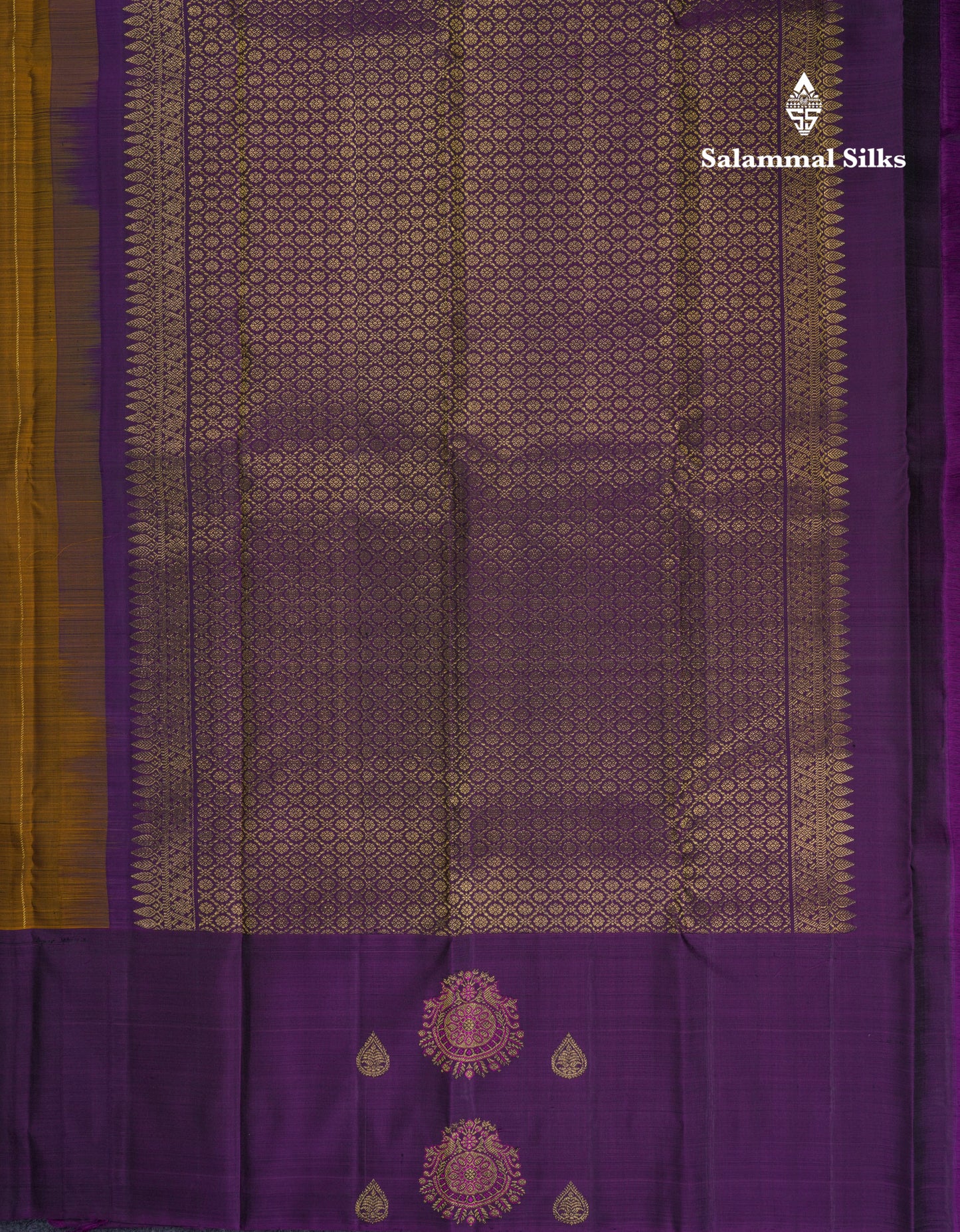 Beautiful Olive Mustard Yellow Fancy Pure Kanjivaram Silk Saree With Contrast Dark Purple One Side Border