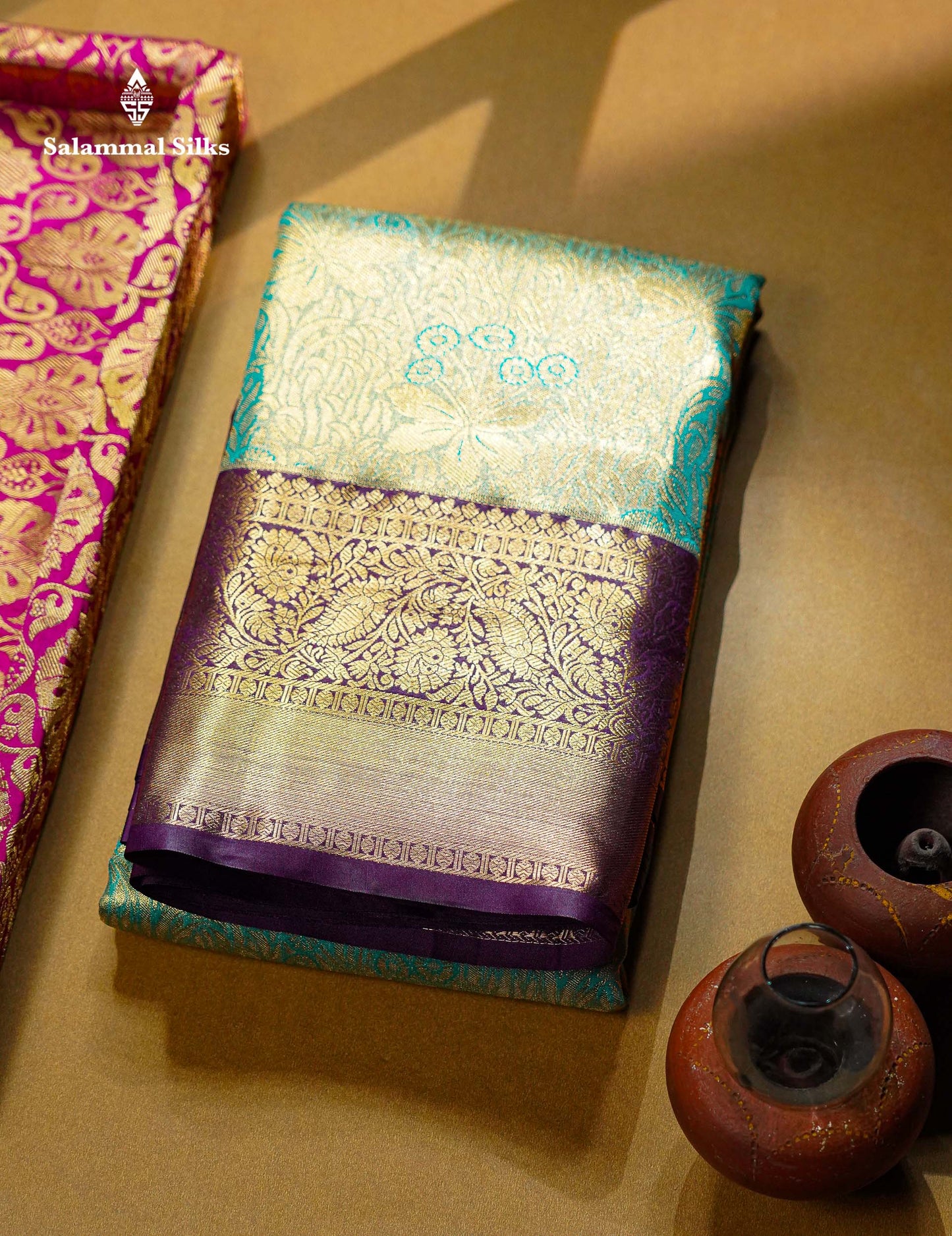 Beautiful Sea Green Tissue Bridal Semi Silk Saree With Contrast Dark Violet Traditional Border