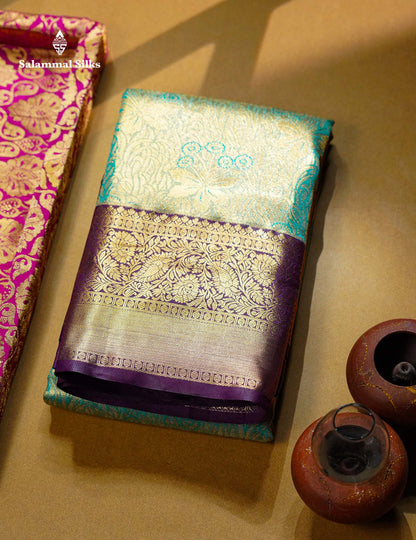 Beautiful Sea Green Tissue Bridal Semi Silk Saree With Contrast Dark Violet Traditional Border