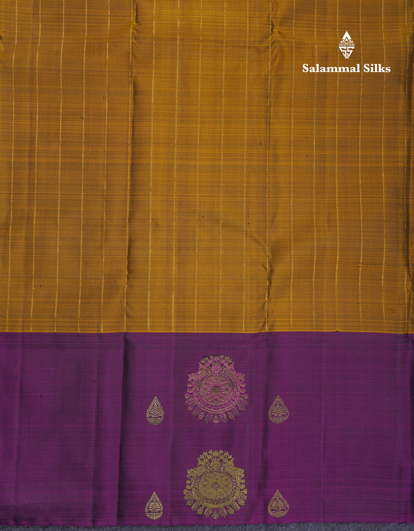 Beautiful Olive Mustard Yellow Fancy Pure Kanjivaram Silk Saree With Contrast Dark Purple One Side Border