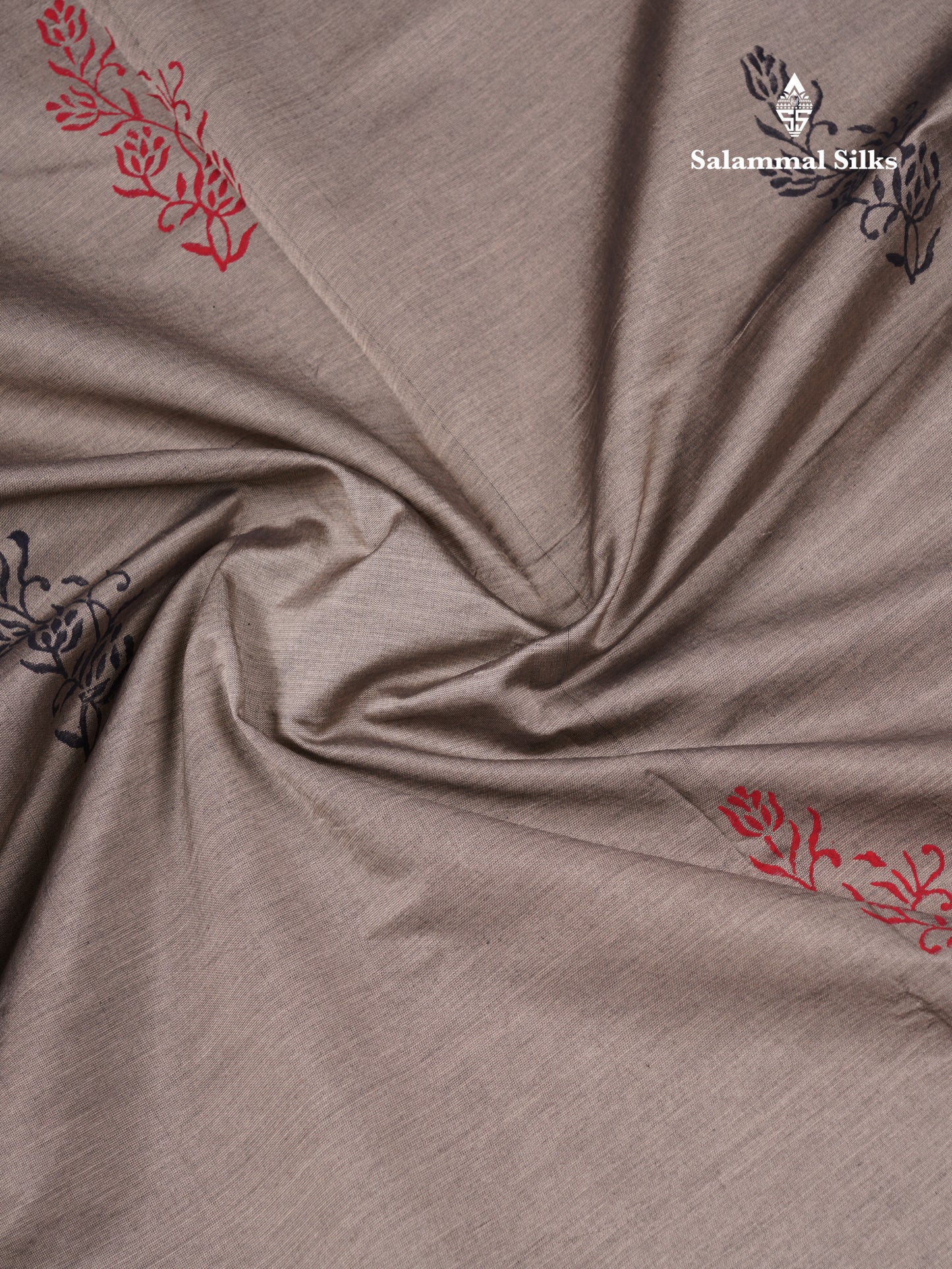 Beautiful Cream Sandal South Cotton Printed Saree With Contrast Black Blouse