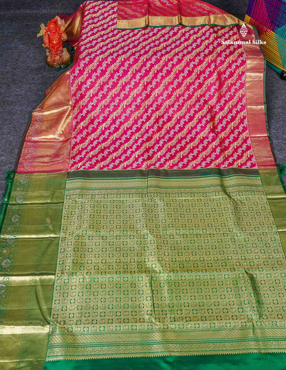 Beautiful Pink Gold & Silver Zari Buttas Bridal Pure Kanjivaram Silk Saree With Traditional Evening Morning Border