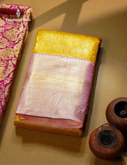 Beautiful Mustard Yellow Bridal Semi Silk Saree With Contrast Peach Pink Traditional Evening Morning Border