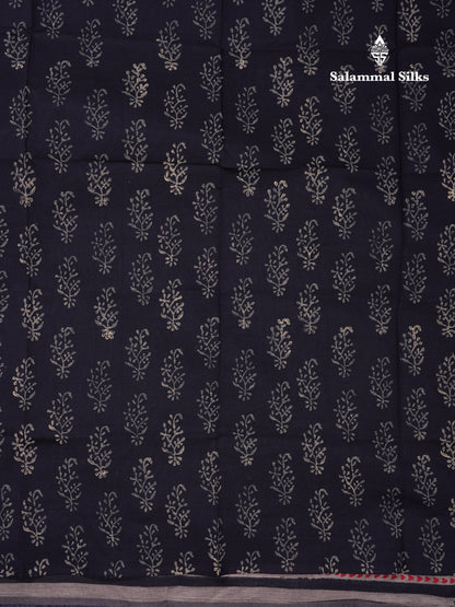 Beautiful Cream Sandal South Cotton Printed Saree With Contrast Black Blouse