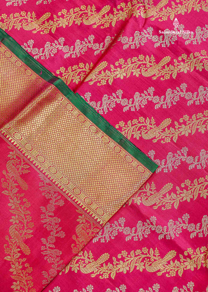 Beautiful Pink Gold & Silver Zari Buttas Bridal Pure Kanjivaram Silk Saree With Traditional Evening Morning Border