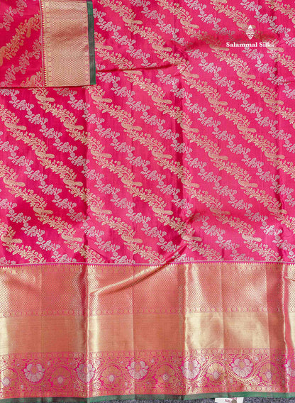 Beautiful Pink Gold & Silver Zari Buttas Bridal Pure Kanjivaram Silk Saree With Traditional Evening Morning Border