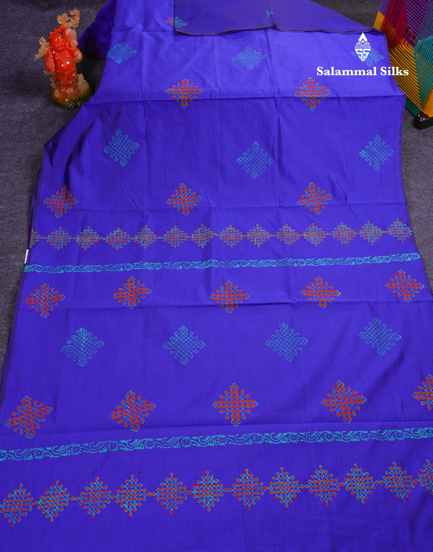 Beautiful Royal Blue South Cotton Printed Saree With Contrast Sapphire Blue Blouse
