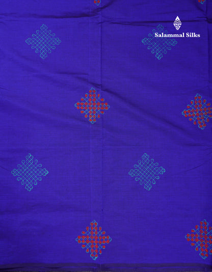 Beautiful Royal Blue South Cotton Printed Saree With Contrast Sapphire Blue Blouse