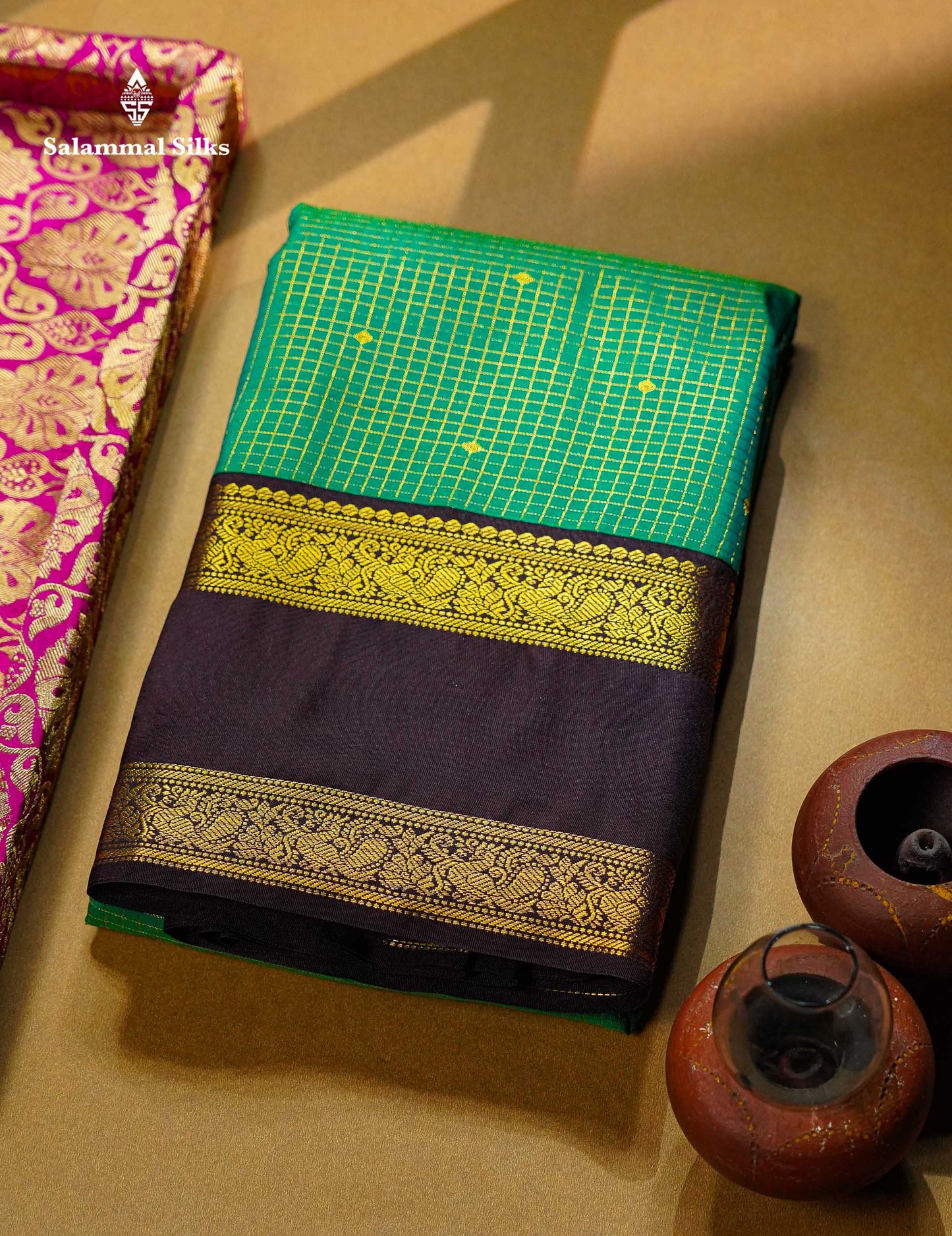 Beautiful Manthulir Yellow Checks With Butta Semi Silk Saree With Contrast Dark Brown Traditional Rettapet Border