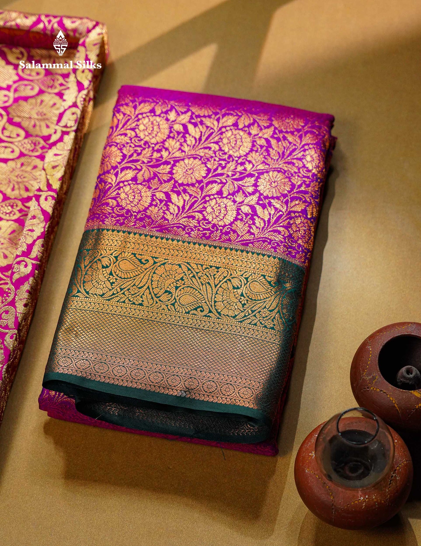 Magenta Beautiful Grand Bridal Semi Silk Saree With Contrast Bottle Green Border