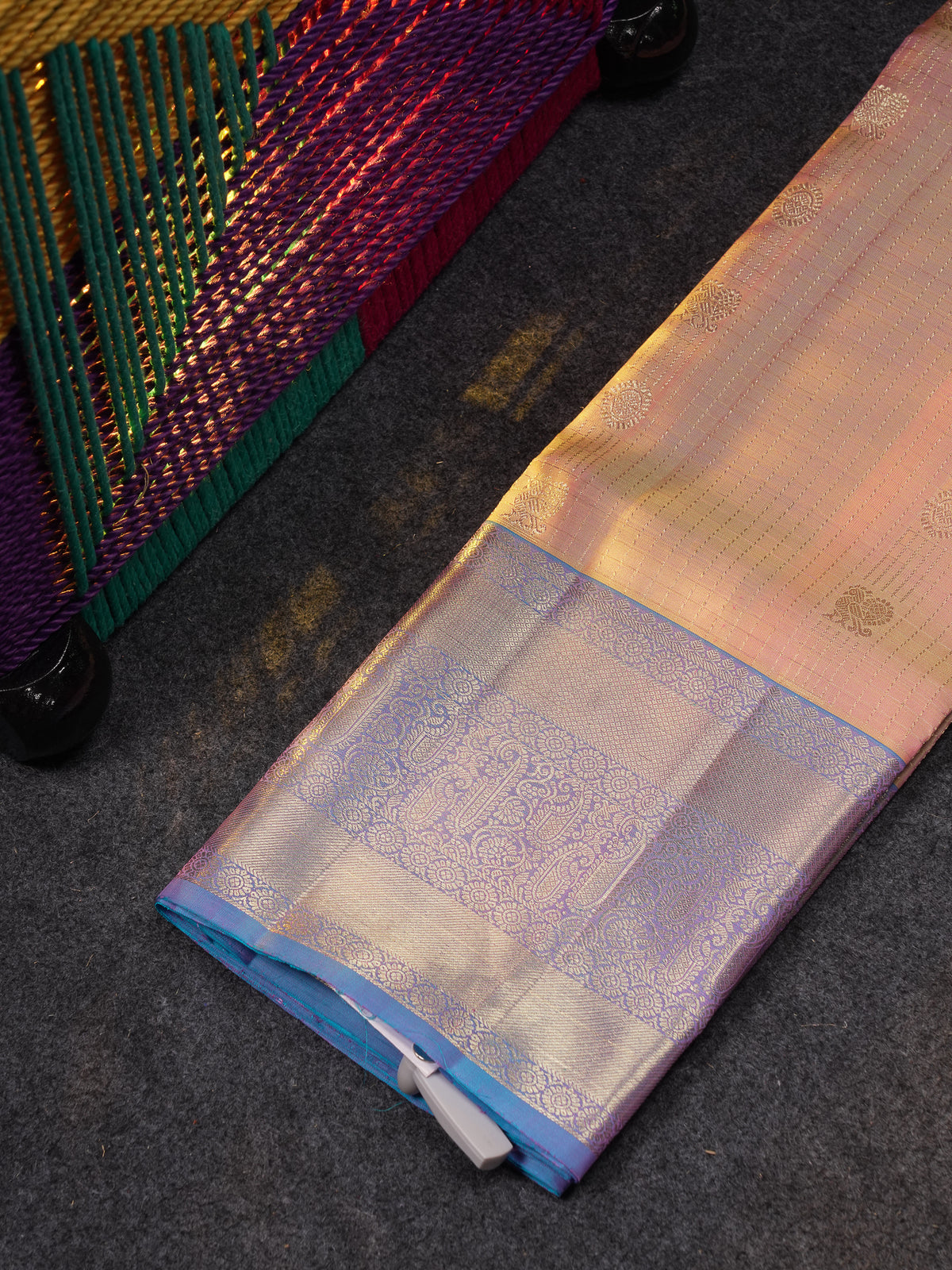 Beautiful Pure Silk Pattu Pavadai Checks With Butta (Light Peach) With Contrast Sapphire Blue Blouse 36"