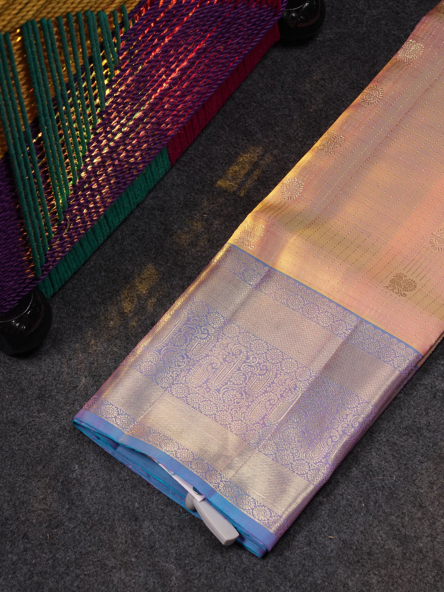Beautiful Pure Silk Pattu Pavadai Checks With Butta (Light Peach) With Contrast Sapphire Blue Blouse 36"