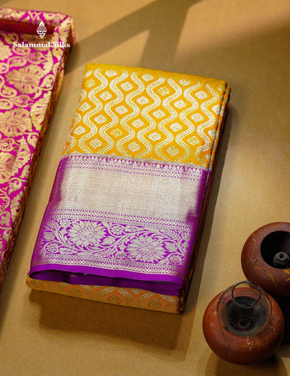 Beautiful Mustard Yellow Bridal Semi Silk Saree With Contrast Vadamalli Traditional Border