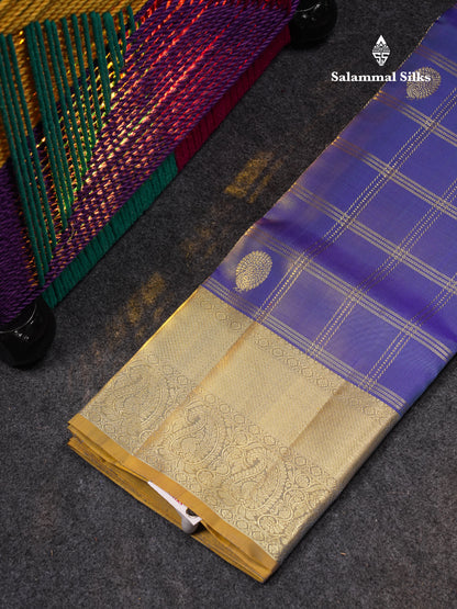 Beautiful Pure Silk Pattu Pavadai Checks With Butta (Violet) With Contrast Olive Mustard Yellow Blouse 36"