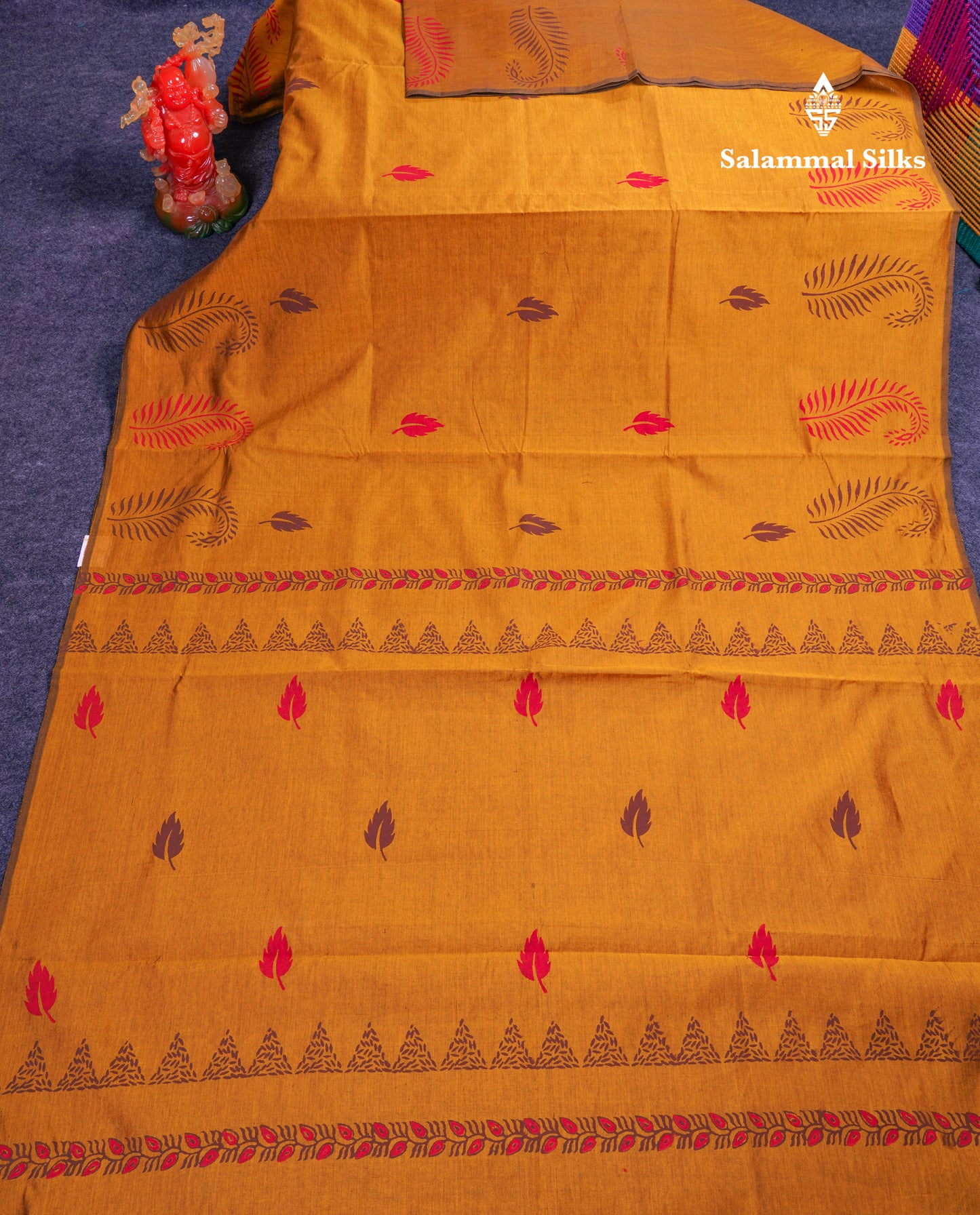 Beautiful Mustard Yellow South Cotton Printed Saree With Contrast Brown Blouse