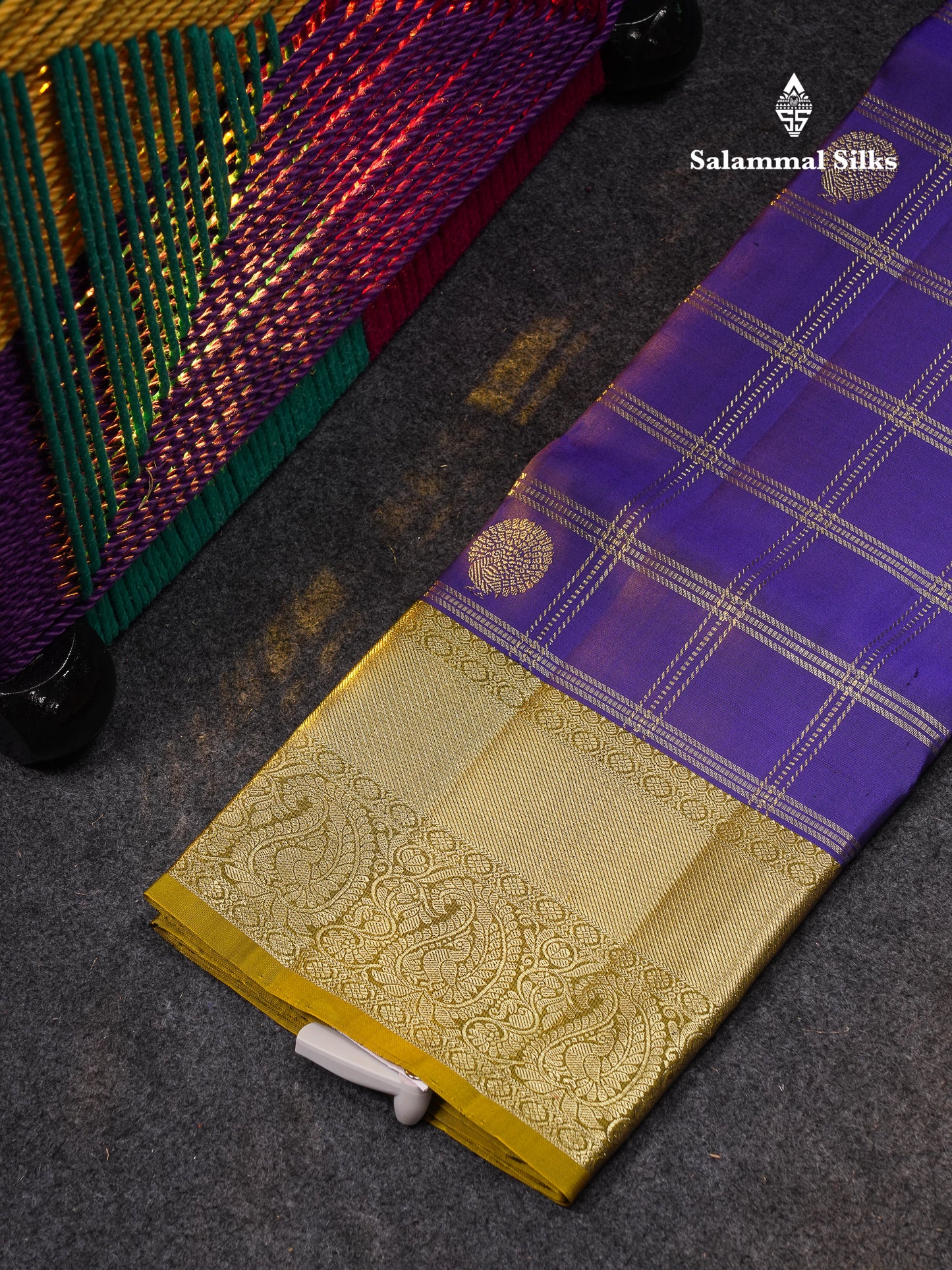 Beautiful Pure Silk Pattu Pavadai Checks With Butta (Violet) With Contrast Olive Mustard Yellow Blouse 36"