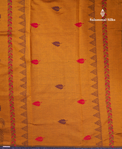 Beautiful Mustard Yellow South Cotton Printed Saree With Contrast Brown Blouse