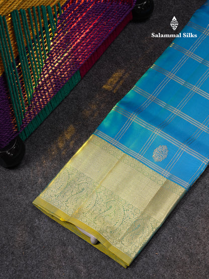 Beautiful Pure Silk Pattu Pavadai Checks With Butta (Violet) With Contrast Olive Mustard Yellow Blouse 36"
