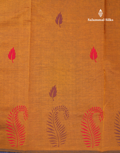 Beautiful Mustard Yellow South Cotton Printed Saree With Contrast Brown Blouse