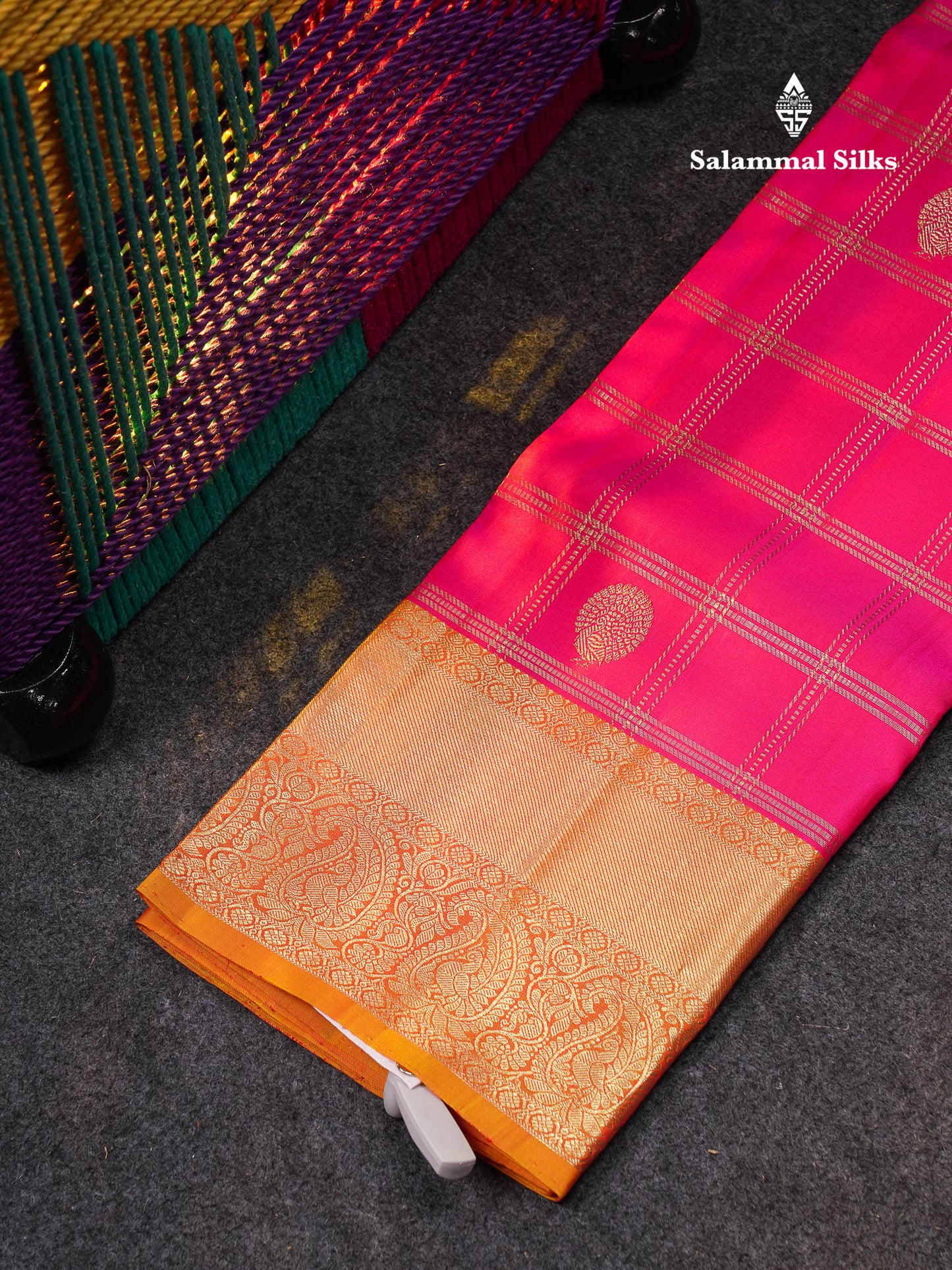 Beautiful Pure Silk Pattu Pavadai Checks With Butta (Violet) With Contrast Olive Mustard Yellow Blouse 36"