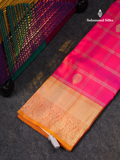 Beautiful Pure Silk Pattu Pavadai Checks With Butta (Violet) With Contrast Olive Mustard Yellow Blouse 36"