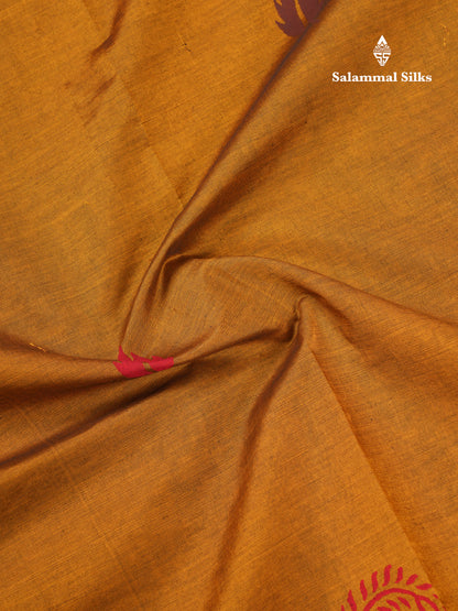 Beautiful Mustard Yellow South Cotton Printed Saree With Contrast Brown Blouse
