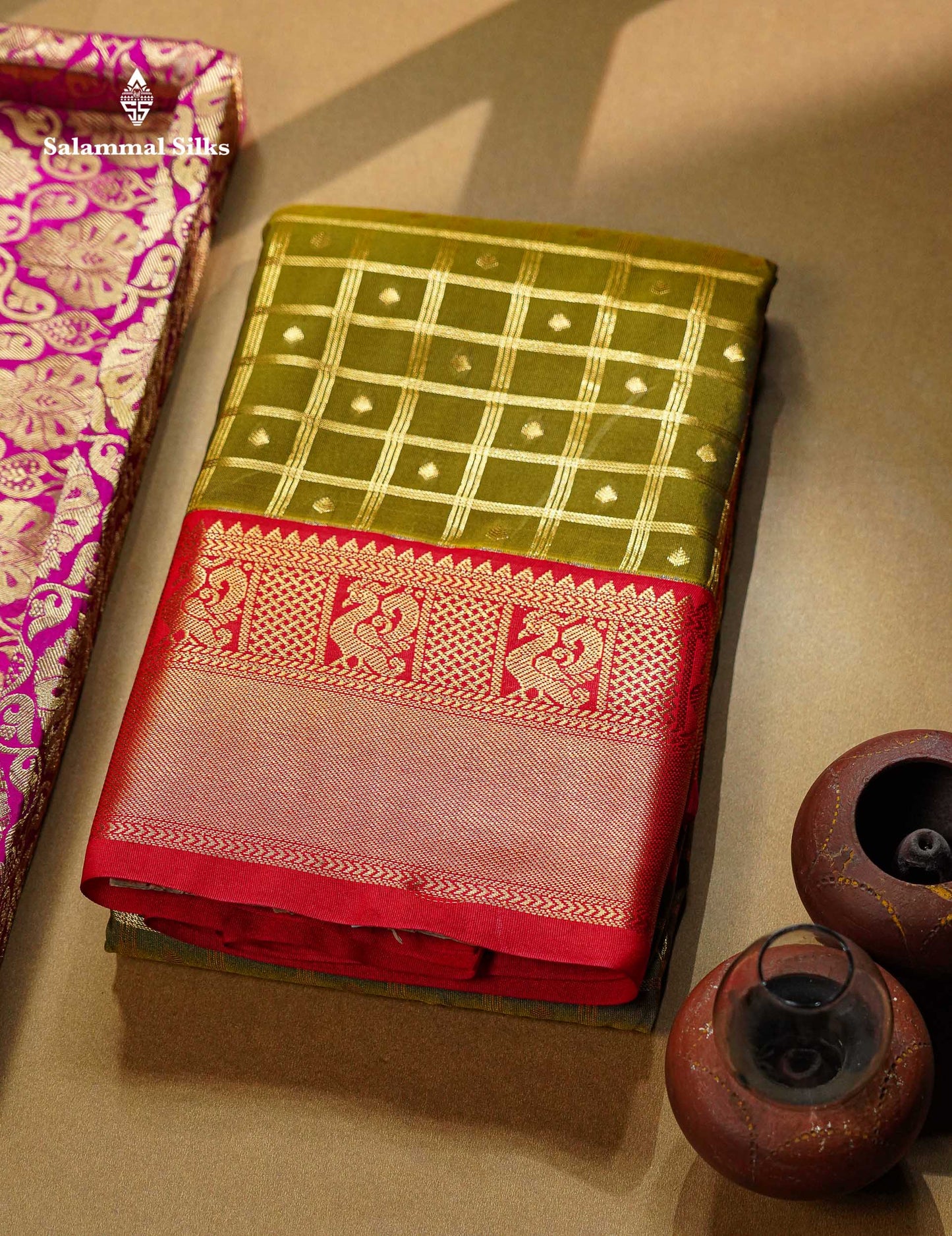 Beautiful Olive Green Checks With Zari Butta Semi Silk Saree With Contrast Red Traditional Border