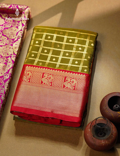 Beautiful Olive Green Checks With Zari Butta Semi Silk Saree With Contrast Red Traditional Border