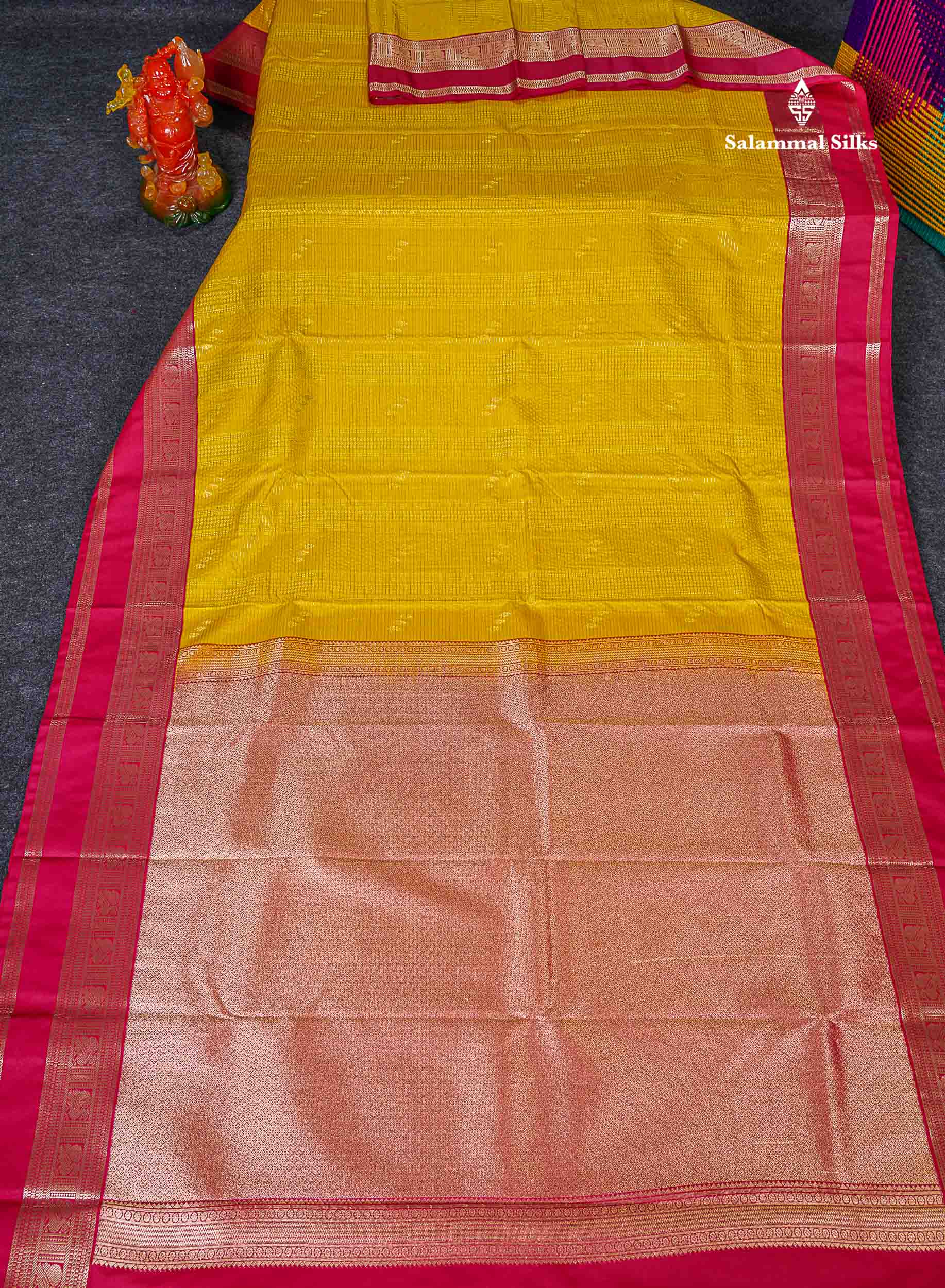 Full View Of Mustard Yellow Semi Silk Saree 