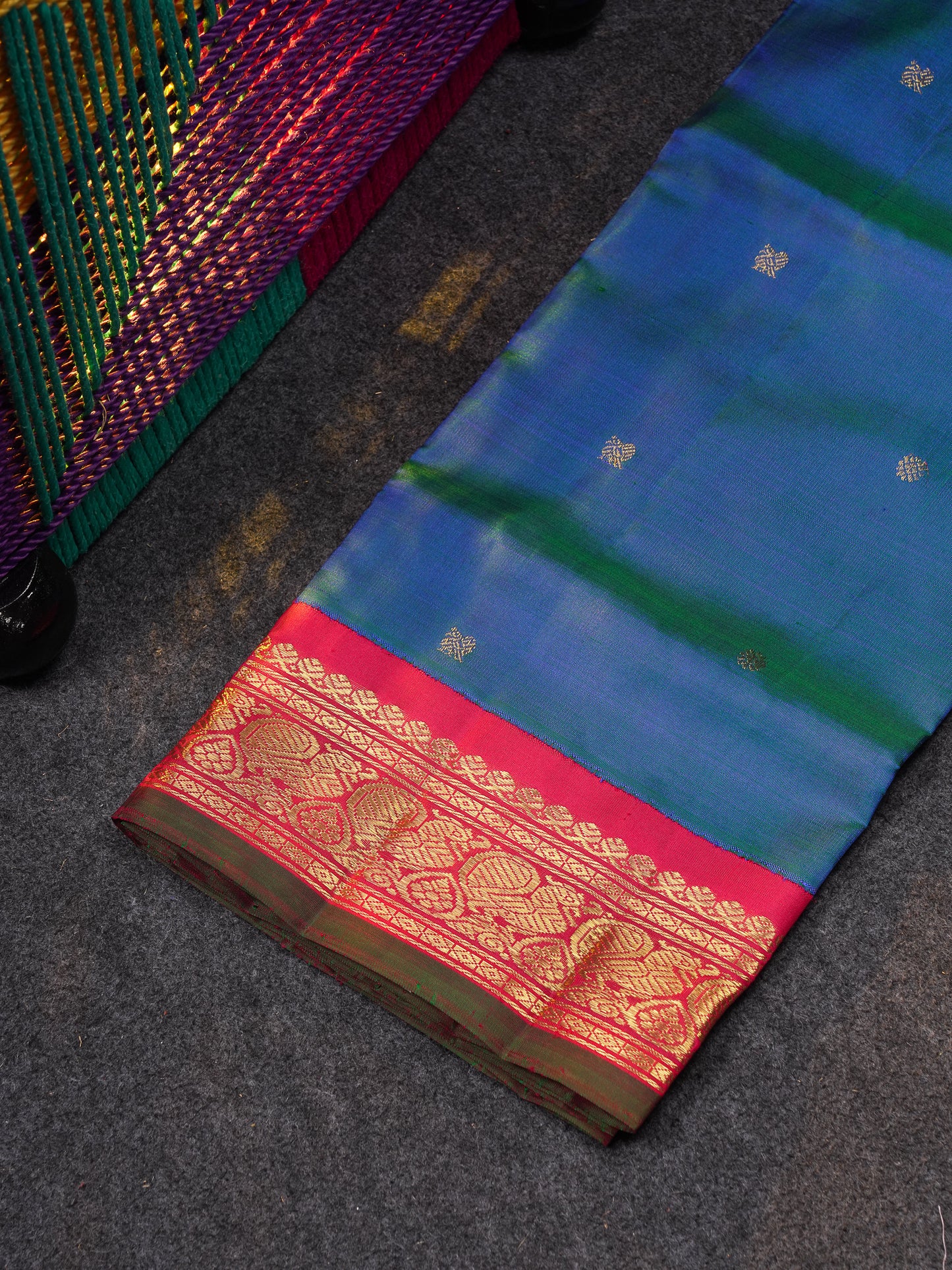 Korvai Beautiful Pure Silk Pattu Pavadai (Dual Tone Peacock Blue) With Contrast Maroon Traditional Border 27"