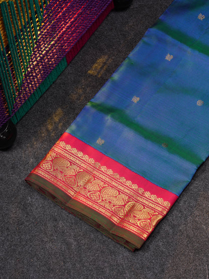 Korvai Beautiful Pure Silk Pattu Pavadai (Dual Tone Peacock Blue) With Contrast Maroon Traditional Border 27"