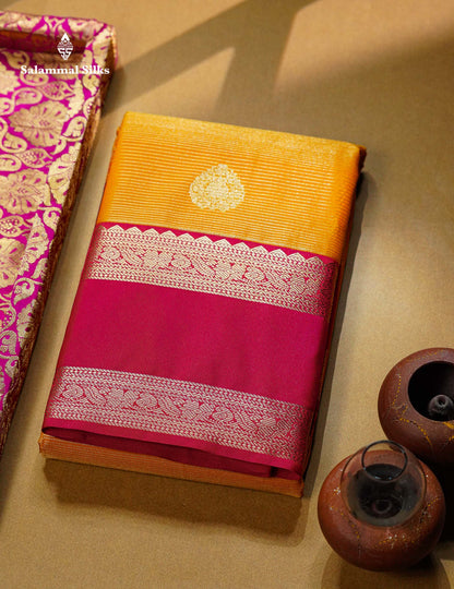 Beautiful Mango Yellow Alai Vaira Oosi With Butta Semi Silk Saree With Contrast Pink Traditional Gap Border