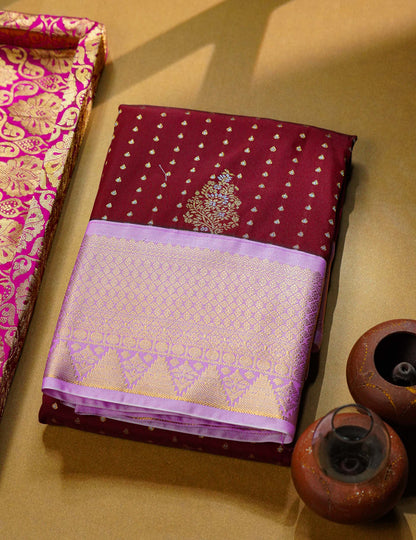 Dark Maroon Semi Silk Saree With Contrast Lavender Border