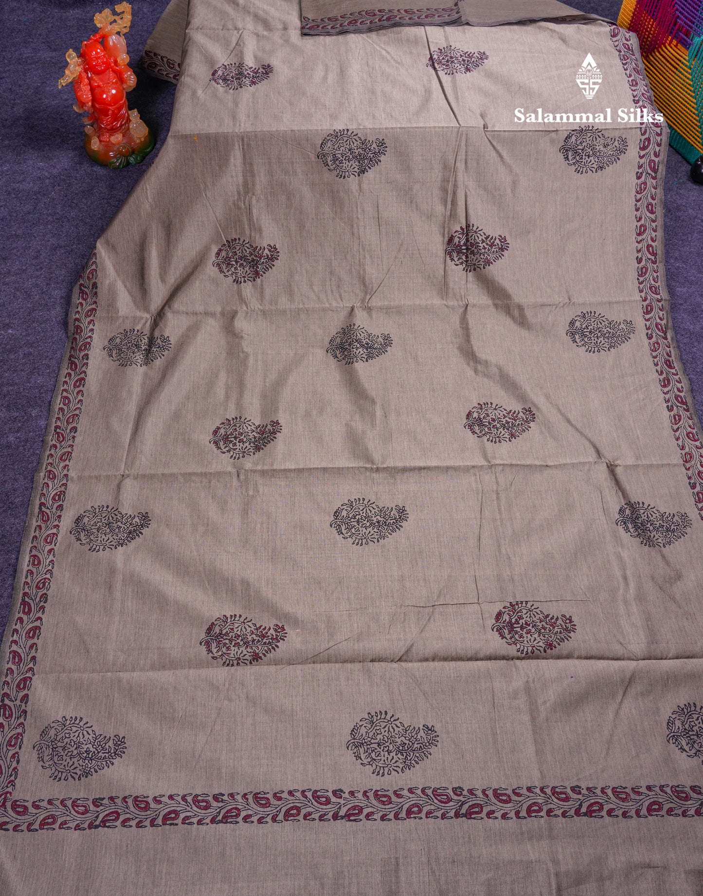 Beautiful Cream Sandal South Cotton Printed Saree With Contrast Redish Maroon Blouse