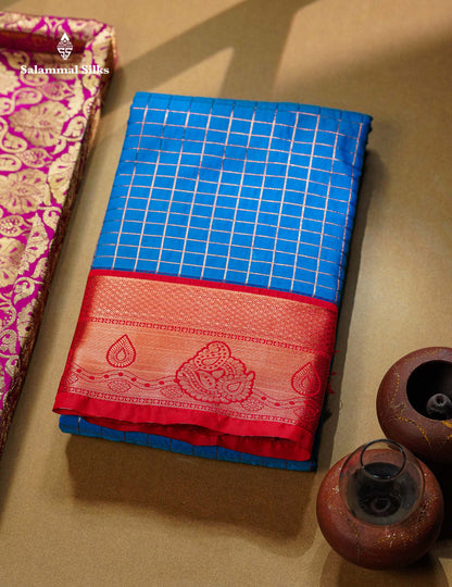 Beautiful Blue Small Zari Checks Semi Silk Saree With Contrast Chilly Red Traditional Border