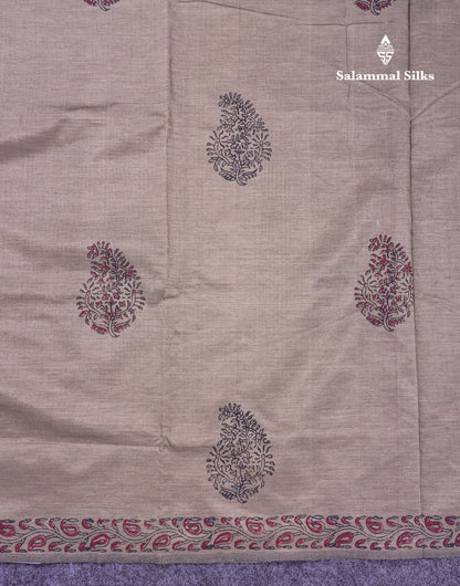 Beautiful Cream Sandal South Cotton Printed Saree With Contrast Redish Maroon Blouse