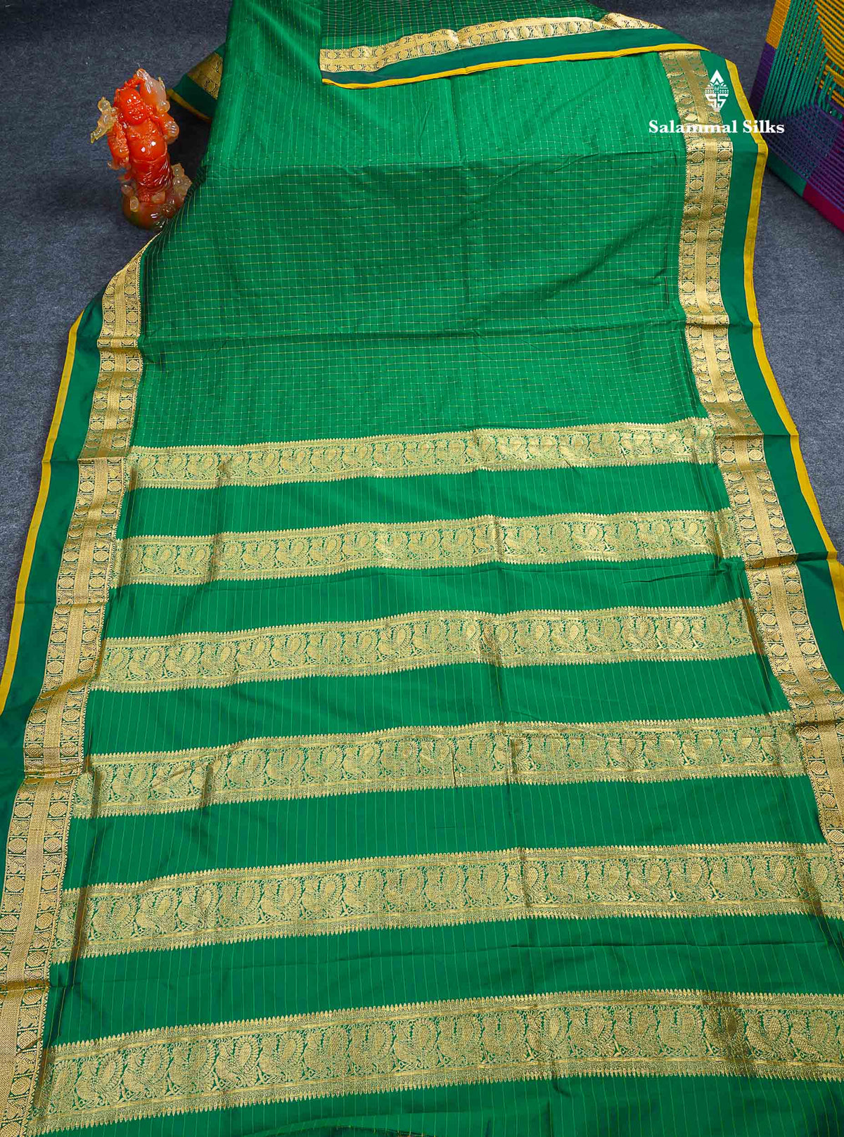 Semi Silk Saree - Bottle Green Colour Body Checks With Traditional Border | 9.5 Yards